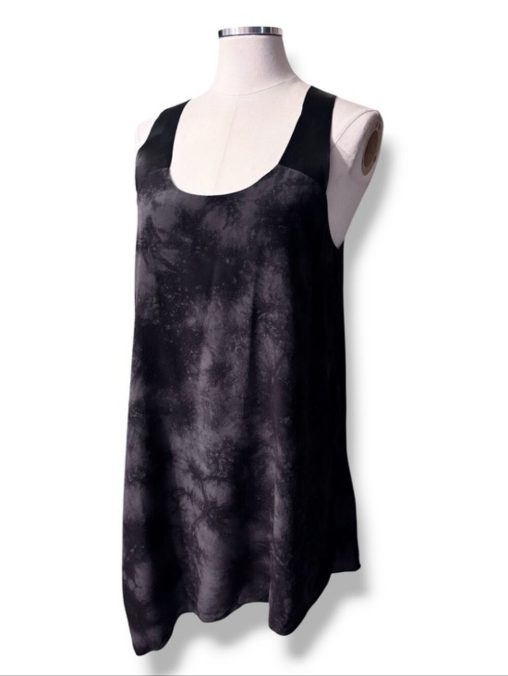 EILEEN FISHER Black Grey Tie Dye Silk Asymmetrical Tunic Leather Racer